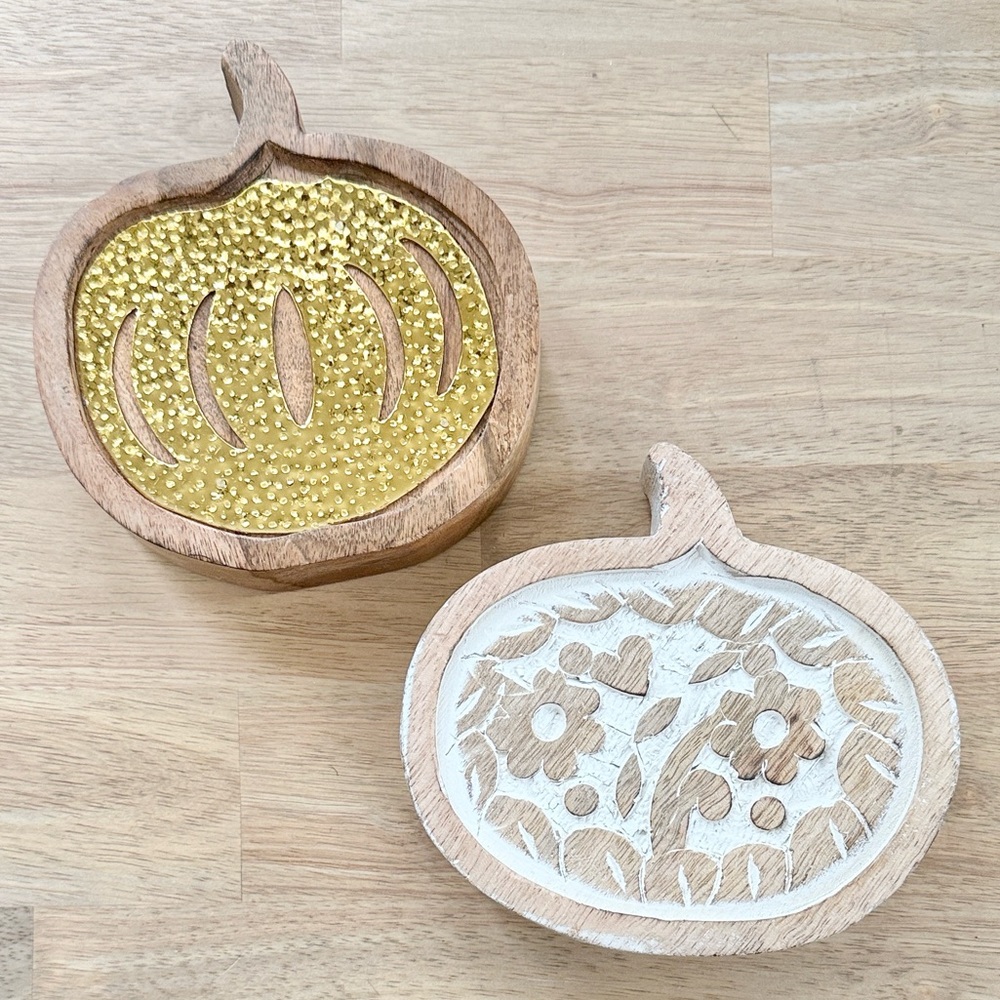 NEW set of 2 wood pumpkin decorative accent pieces with brass accent detail